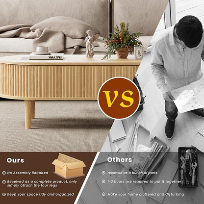 BREEZEHEAT Fluted Lift Top Coffee Table, 39" Oval Coffee Table with Storage, Hidden Compartment & Fully Assembled Centre Table Oval Lift Tabletop for Living Room, Small Space, Home Office, Natural