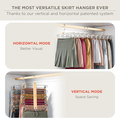 MORALVE Skirt Hangers Space Saving with Clips - 2 Pack - European Beechwood 5-Tier Hanger for Shorts, Skirts, and Pants - Closet Organizer and Storage Solution for Women with 360° Swivel Hook