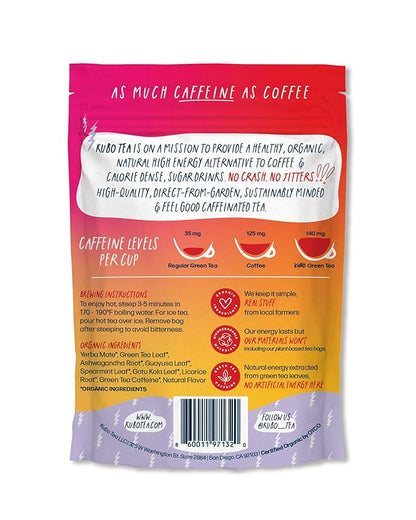 High Caffeine Tea (140 mg) - Kubo Tea: Organic Energize Yerba Mate Green Tea Bags for Clean Energy & Focus | Healthy Coffee Substitute | Ashwagandha Root Blend | 20 Ct | Compostable Packaging