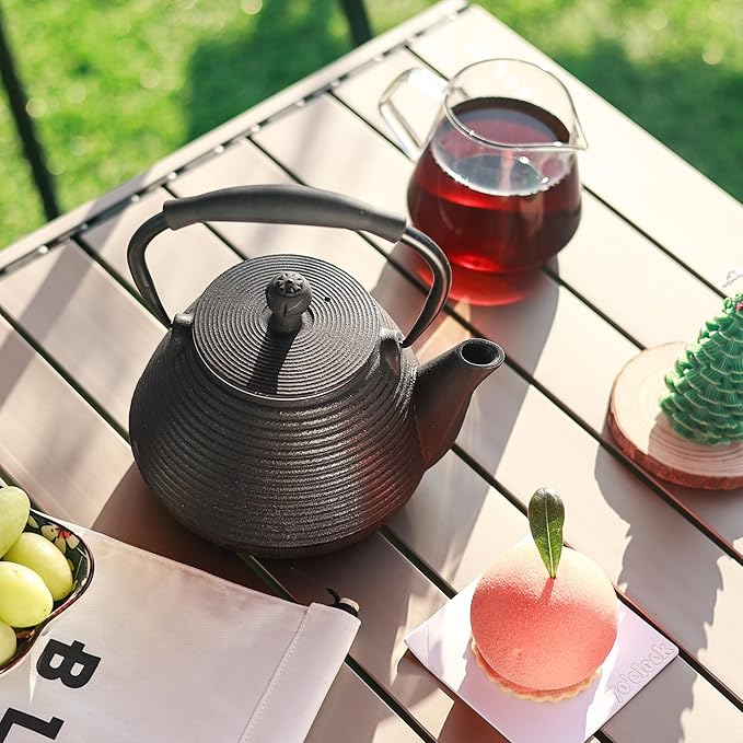 Cast Iron Teapot, 33oz Tea Kettle Stovetop Safe with Infuser for Tea & Coffee, Hand made Japanese Tea Pot Coated with Enameled Interior, Silicone Handle, 950ml Black