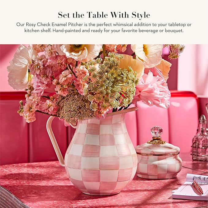 MACKENZIE-CHILDS Enamel Pitcher with Spout for Water, Cut Flowers, and Home Decor, 3 Quarts, Pink-and-White Rosy Check