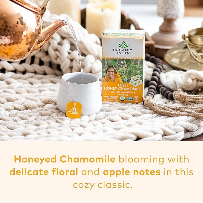 ORGANIC INDIA Tulsi Honey Chamomile Tea Bags - Herbal Tea for Stress Relieving & Calming, USDA Certified Organic, Caffeine Free - 18 Tea Bags, 3 Pack