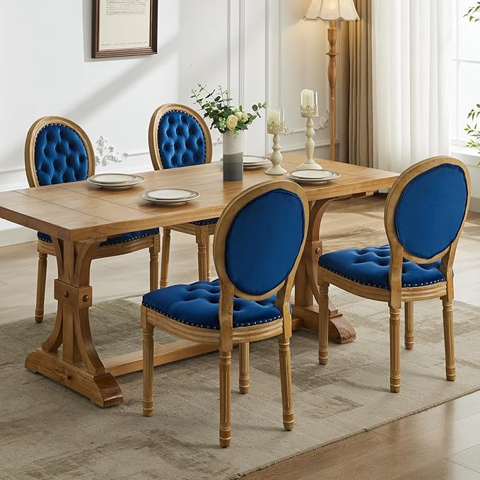 French Country Dining Chairs Set of 6, Blue Velvet Upholstered Dining Chairs, Tufted Back, Solid Wood Legs, Farmhouse Kitchen & Dining Room Chairs, Sillas De Comedor (Blue, 6Pcs)