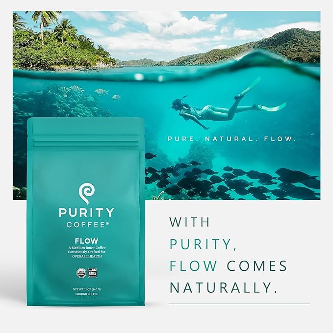 Purity Coffee FLOW Original Medium Roast Ground Coffee for Focus and Clean Energy - USDA Organic and Third-Party Tested for Antioxidants, Mold, Mycotoxins and Pesticides - 12oz (Purity Flow, medium_roast) | Ground| FLOW