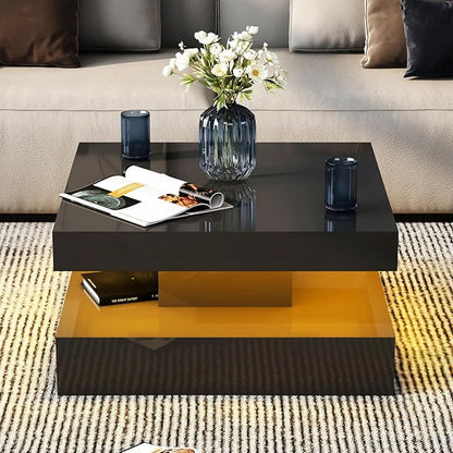 Black LED Coffee Table for Living Room, Living Room Table 2-Tier Square Middle Center Table, Modern Coffee Tables with Storage, Contemporary Wood Tea Tables for Dining Reception