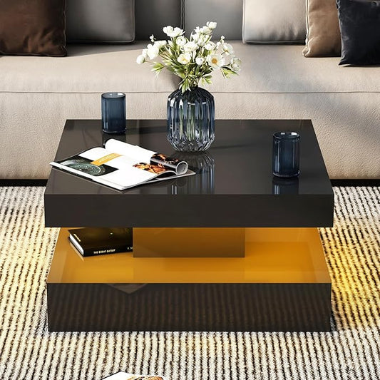 Black LED Coffee Table for Living Room, Living Room Table 2-Tier Square Middle Center Table, Modern Coffee Tables with Storage, Contemporary Wood Tea Tables for Dining Reception