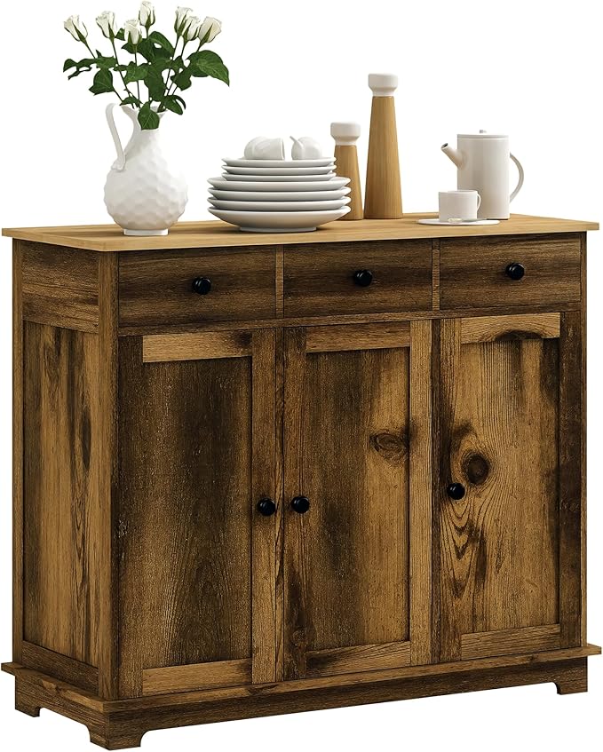 HOMCOM Sideboard with Solid Wood Countertop, Modern Kitchen Storage Cabinet, Coffee Bar Cabinet with 3 Drawers, Doors and Adjustable Shelf, Rustic Brown