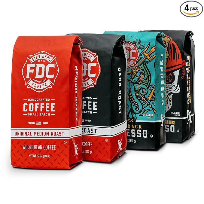 Fire Department Coffee - Gives Back to Firefighters - Rescue Variety Pack - Whole Bean Coffee - Medium, Dark, Shellback Espresso, & Skull Crushing Espresso Beans - Veteran Owned (12oz, Pack of 4)