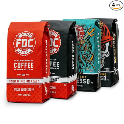 Fire Department Coffee - Gives Back to Firefighters - Rescue Variety Pack - Whole Bean Coffee - Medium, Dark, Shellback Espresso, & Skull Crushing Espresso Beans - Veteran Owned (12oz, Pack of 4)
