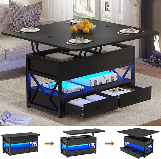 Itaar 40" Lift Top Coffee Table, 4 in 1 Coffee Tables with Storage for Living Room, Small Farmhouse Coffee Table with 2 Drawers & LED Light for Dining Reception Room, Black