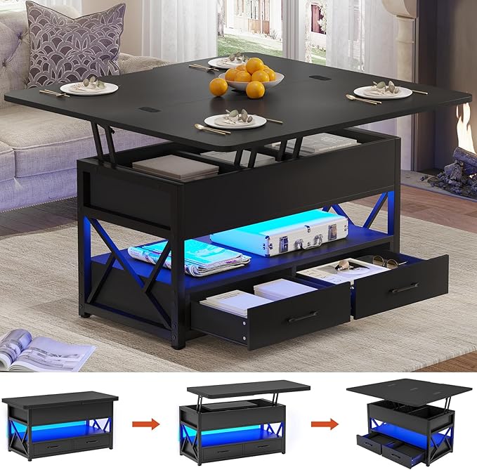 Itaar 40" Lift Top Coffee Table, 4 in 1 Coffee Tables with Storage for Living Room, Small Farmhouse Coffee Table with 2 Drawers & LED Light for Dining Reception Room, Black