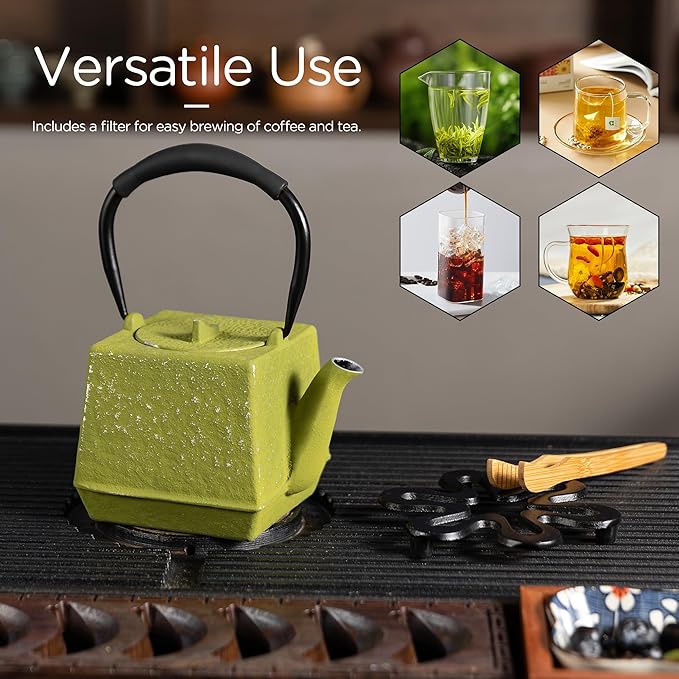 Cast iron Teapot, Tea Kettle for Stovetop Safe with Stainless Steel Infuser,Japanese Hand-made Square Tea Pot Coated with Enameled Interior for 27oz,780ml Green