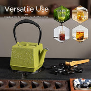 Cast iron Teapot, Tea Kettle for Stovetop Safe with Stainless Steel Infuser,Japanese Hand-made Square Tea Pot Coated with Enameled Interior for 27oz,780ml Green