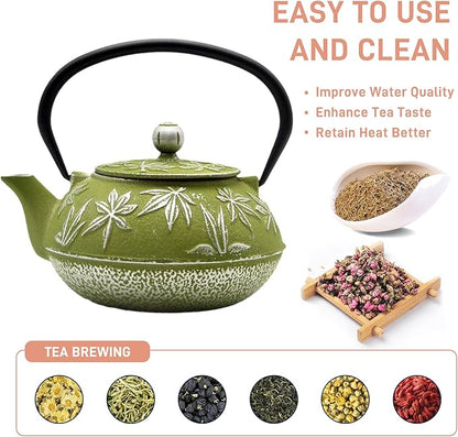 Cast Iron Teapot Tea Kettle with Stainless Steel Infuser for Stovetop Safe Coated with Enameled Interior Japanese Tetsubin with Maple Leaves Pattern(30.4oz/900ml) (Color-2)