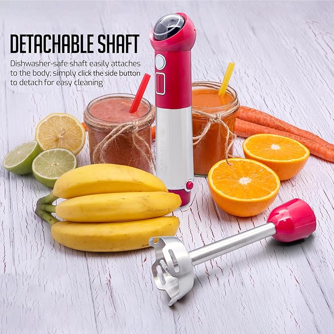 OVENTE Cordless Immersion Hand Blender, 300W Rechargeable Handheld Portable Stick Mixer with Speed Pulse Activating Sensor and Stainless Steel Blades for Smoothies, Shakes or Baby Food, Red HR995R