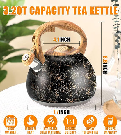 3.2Qt Whistling Tea Kettle for Stove Top, Food Grade Stainless Steel Wood Handle Teapot, Durable for Brewing Coffee, Tea, Milk, Suitable for All Heat Sources (Golden line)