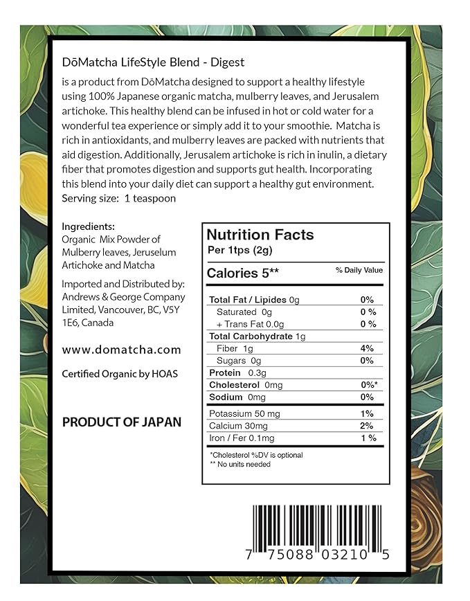 DoMatcha Digest Blend - Green Mix, 2.82 oz - Digest Health Blend with Mulberry, Jerusalem Artichoke & Organic Matcha for Vitality & Focus - Soothing Tea Experience - Product of Japan