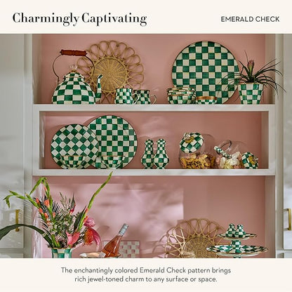 MACKENZIE-CHILDS Enamel Teapot, Cute Small Teapot with Lid, 4-Cup Capacity, Green-and-White Emerald Check