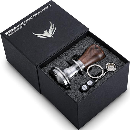 58.5mm Tamper with Walnut Handle Self-Leveling & Double Spring Loaded Calibrated Design – Fits 58mm Portafilters for Precise Consistent Shots