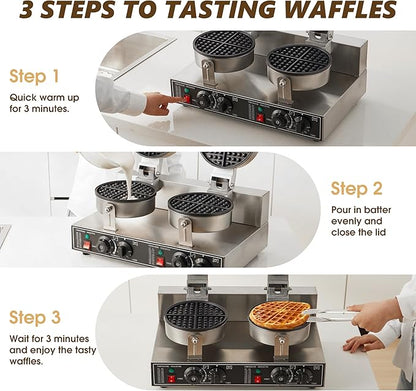 Commercial Waffle Maker, 2400W Waffle Iron, Professional Rotatable Waffle Baker Machine with Temp and Time Control, Non-Stick Baking Pan Stainless Steel for Restaurant Bakeries Kitchen Home