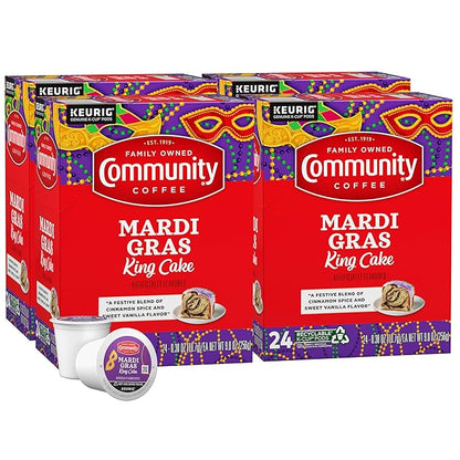 Community Coffee Mardi Gras King Cake Flavored 96 Count Coffee Pods, Medium Roast, Compatible with Keurig 2.0 K-Cup Brewers, 24 Count (Pack of 4)