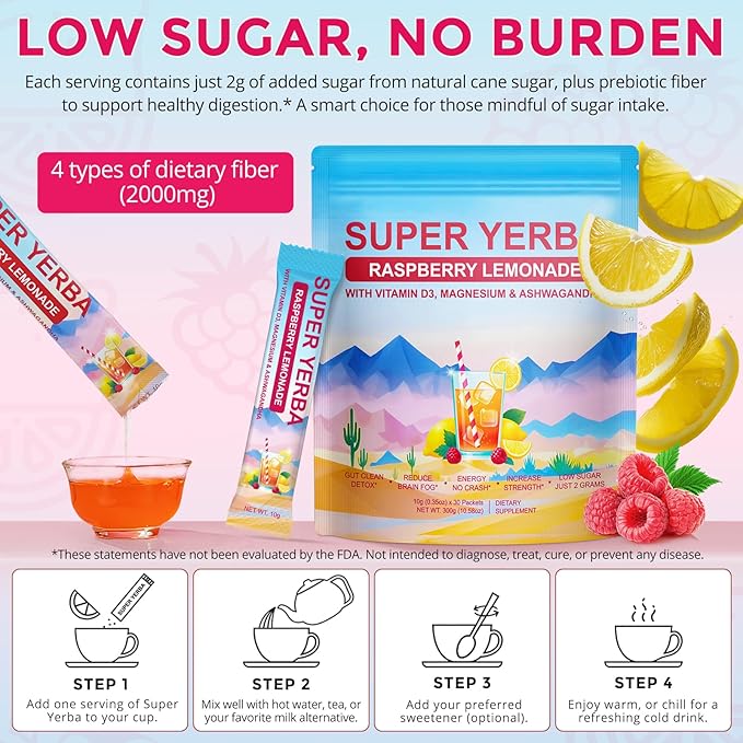 Super Yerba, Yerba Mate Instant Tea Powder, Super Yerba for Reduce Brain Fod, Clean Energy & Focus Boost, Gut Support, Antioxidants, Raspberry Lemonade Flavor, 30 Servings