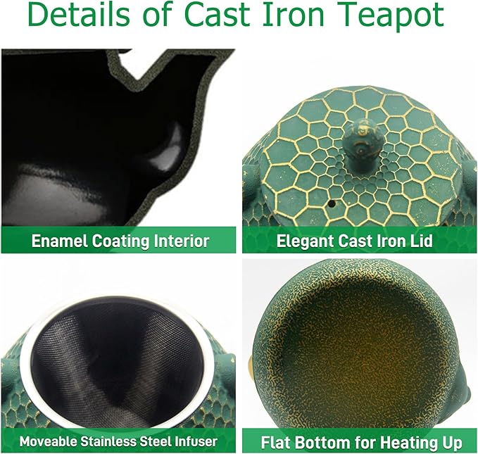Cast Iron Tea Kettle Set, 33.8oz Hexagon Pattern Teapot Set with Cups and Cup Mats, Teapot Coated with Enameled Interior, Durable Cast Iron Teapot Set with Stainless Steel Infuser