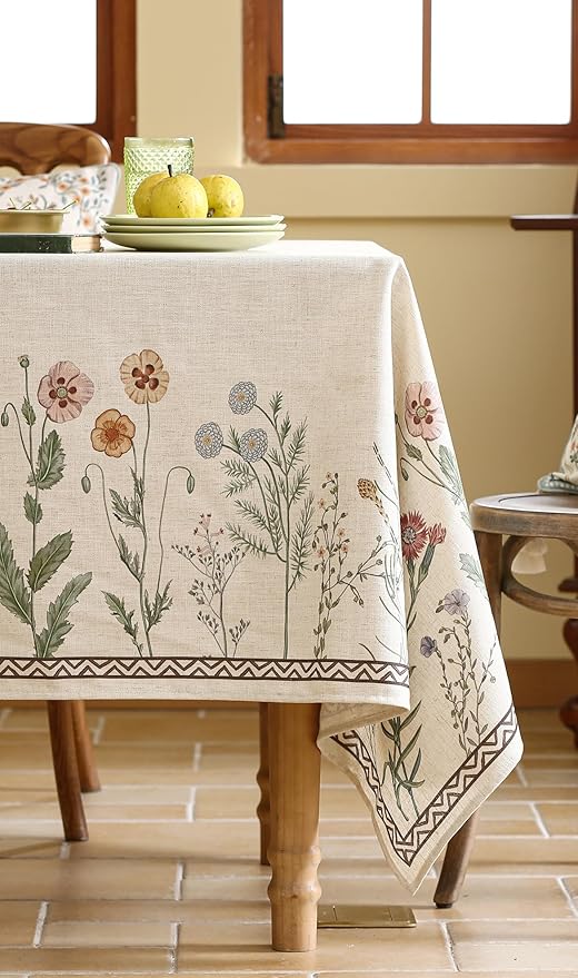 Designer Off White Linen Long Rectangle Tablecloth,Floral Elegant Table Cloth,Stain Resistant Vintage Decor Tablecloths for Dining Thanksgiving Kitchen Christmas,63"*102"-Serenity G