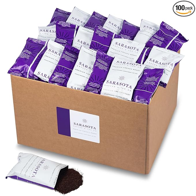Sarasota Coffee Ground Packets | Low Acid Dark Roast Ground Coffee Packs | European French Roast | Mold Free and Individual Packets for 12 Cups | 1.75 Ounce Bags, 100 Count