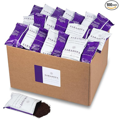 Sarasota Coffee Ground Packets | Low Acid Dark Roast Ground Coffee Packs | European French Roast | Mold Free and Individual Packets for 12 Cups | 1.75 Ounce Bags, 100 Count