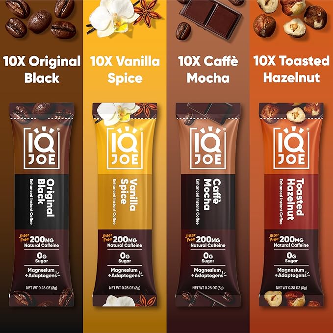 IQJOE Mushroom Coffee Packets (40 Servings) Lion’s Mane, Magtein Magnesium, Antioxidants, Adaptogens - Variety Pack - Instant Coffee for Focus, Clarity, Mood, Energy Boost - Sugar Free, Keto, Vegan