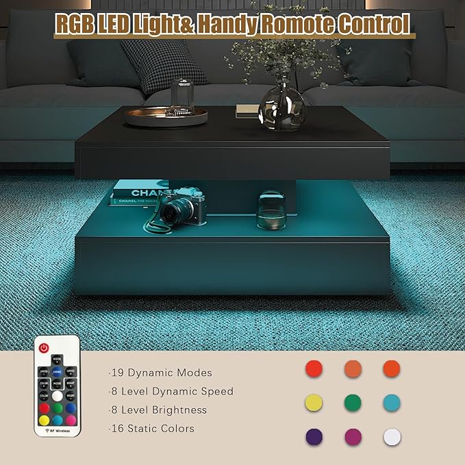 Black LED Coffee Table with 2 Storage Drawers for Living Room Square Center Middle Table Modern Cocktail Table with Light 2-Tier Tea Tables Contemporary Mid Century Wood Home Office Waiting Room