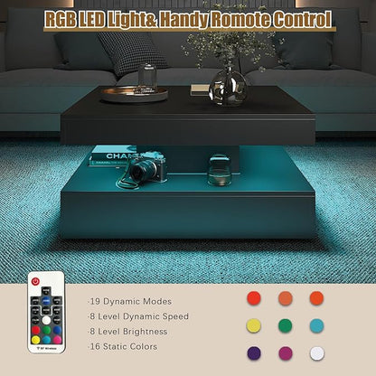 Black LED Coffee Table with 2 Storage Drawers for Living Room Square Center Middle Table Modern Cocktail Table with Light 2-Tier Tea Tables Contemporary Mid Century Wood Home Office Waiting Room