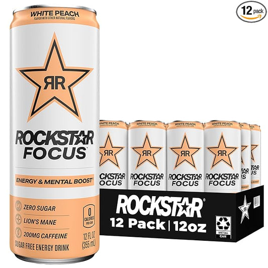 Rockstar Focus, White Peach, 12 Fl Oz Cans (Pack of 12