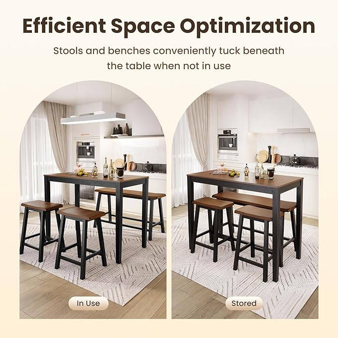 PHI VILLA Dining Table Set for 4, Counter Height Dining Table with 2 Chairs and 1 Bench, Solid Wood Table Sets for Farmhouse, Rustic Kitchen and Dining Room Table Set with Chairs, Walnut with Black