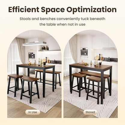 PHI VILLA Dining Table Set for 4, Counter Height Dining Table with 2 Chairs and 1 Bench, Solid Wood Table Sets for Farmhouse, Rustic Kitchen and Dining Room Table Set with Chairs, Walnut with Black