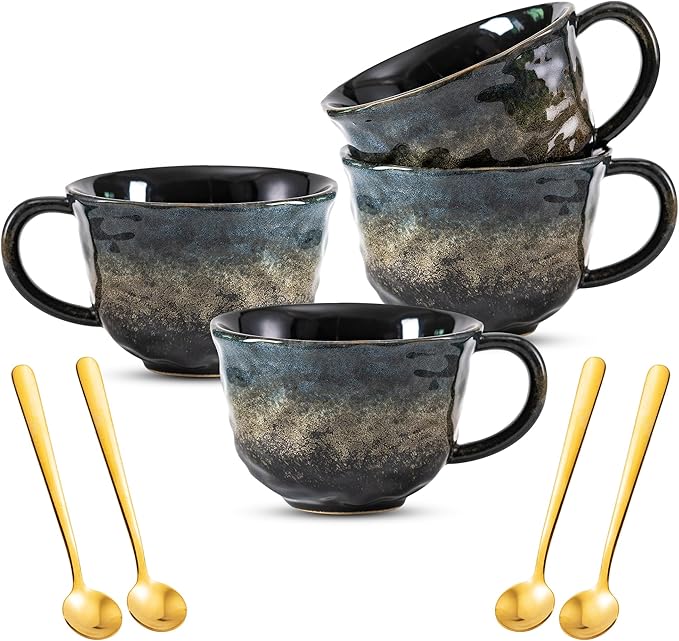 Coffee Mugs Cup, 8 OZ Ceramic Coffee Mugs with Gold Spoon for Man Woman, Modern Set of 4 Cup for Espresso Latte Cappuccino Cocoa Tea Dishwasher & Microwave Safe (Star Pulse)