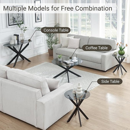 Modern Glass End Table, Small Round Side Table for Couch, Sofa Table with Grey Tempered Glass Top for Living Room, Bedroom, Bedside, 19.7" Wx21.7 H Black