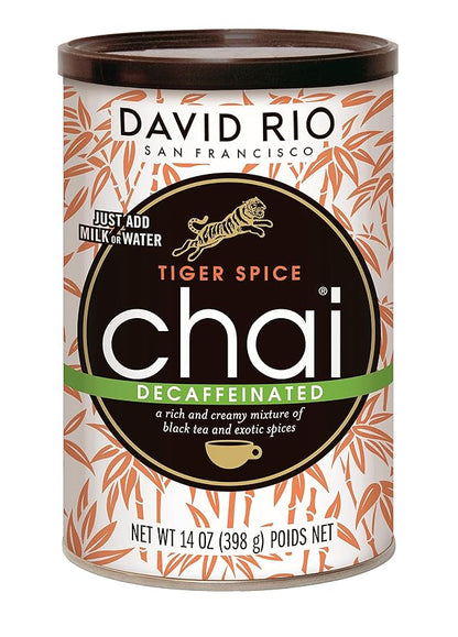 Tiger Spice Decaffeinated Chai Tea Latte Mix, 14 Oz, Decaf Black Tea, Organic Spices, Dairy Free, Serve Hot or Cold, Just Add Water or Milk, 14 Servings