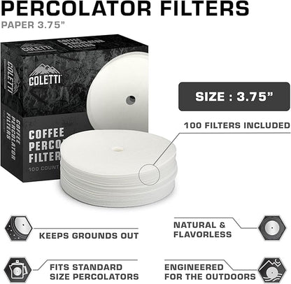 COLETTI Percolator Coffee Filters — Disc Coffee Filters For Percolators – For Bozeman, Butte, & Scoutmaster Camping Coffee Makers – Perfectly Tasteless, Mesh Filter [100 pack, Paper, 3.75”]
