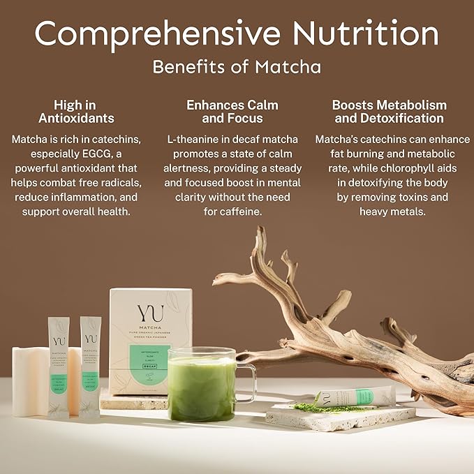 Yu Tea Organic Decaf Matcha Powder Ceremonial Grade, Instant Packets | Rich in Antioxidants & L-Theanine, Low Caffeine | Unsweetened Grade A Japanese Green Tea Powder | Single Serve Sticks, 30 Ct