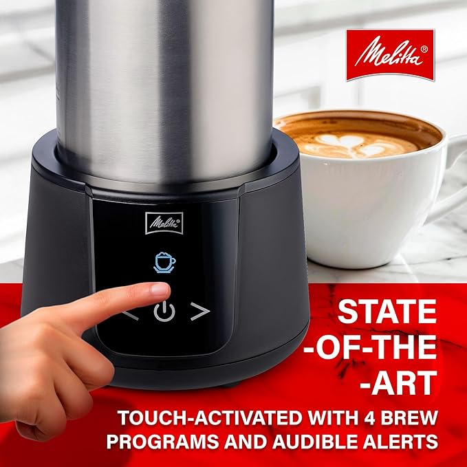 Melitta Montalatte Milk Frother | Hot & Cold Nano Foam Frother | Vegan Milk Warmer | Velvet Hot Chocolate Maker | Auto Switch | Stainless Steel Steamer with Unique Chocolate Blending Disk