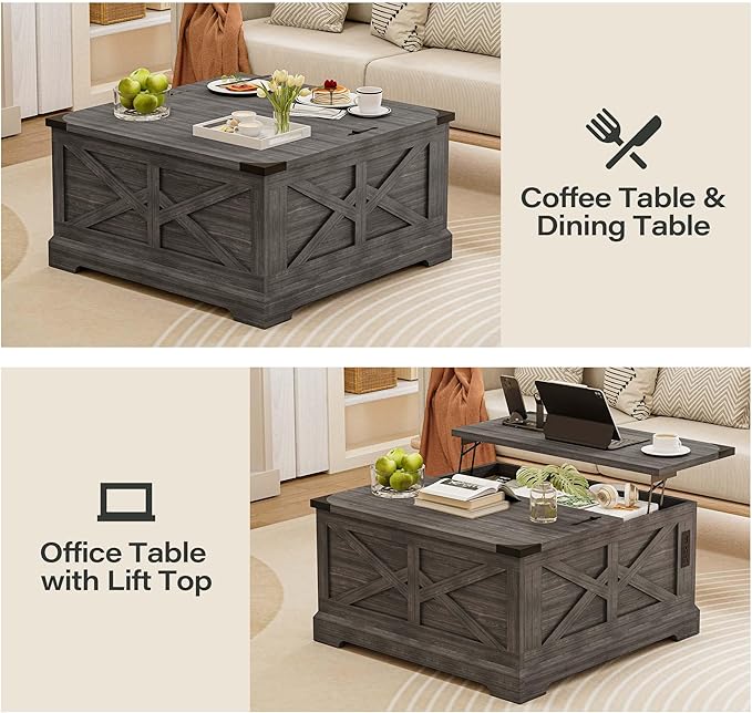 LAUSAINT HOME Farmhouse Lift Top Coffee Table with Large Hidden Storage Compartment, Wood Square Center Table with Lifting Top for Living Room, Home Office, Gray