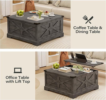 LAUSAINT HOME Farmhouse Lift Top Coffee Table with Large Hidden Storage Compartment, Wood Square Center Table with Lifting Top for Living Room, Home Office, Gray