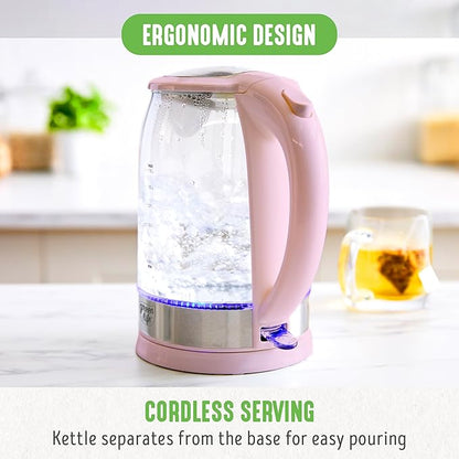 GreenLife 1.7 Liter Glass Electric Kettle, Easy One Touch Use, Quick Heating, Filtered Spout, LED Base, Auto Shut-Off, Cordless Serving, Coffee and Tea, Pink