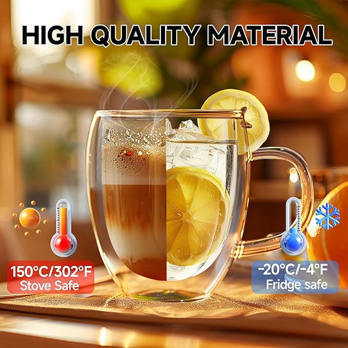 8 Ounces Set of 4 Double Walled Glass Coffee Mugs with with Handle Insulated Layer Coffee Cups Borosilicate Glass Espresso Double Insulated Clear Glass Coffee Mug for Hot Beverages