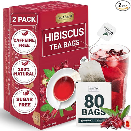 LeafLea 80 Hibiscus Tea Bags, 100% Natural Hibiscus Flowers, Caffeine-Free Herbal Tea, Red Hibiscus Flower Tea Bags, Te de Hibisco Natural, Sugar-Free, Non-GMO, Gluten-Free, Vegan (Pack of 2)