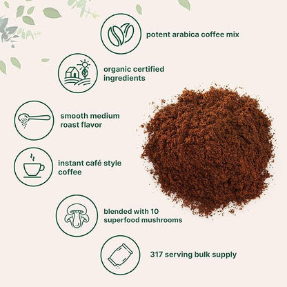 Organic Instant 10 in 1 Mushroom Coffee Powder, 28 Ounce (317 Servings) | Weight & Immune Support | Premium Arabica Coffee with Lion’s Mane, Chaga, Reishi,& More