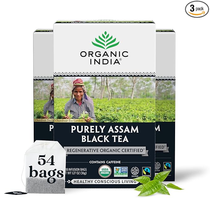 Organic India Purely Assam Black Tea - Caffeinated Herbal Tea Bags with Natural Assam Leaves, Enjoy with Milk & Sweetener, USDA Organic, Non-GMO, Fairtrade Certified - 18 Bags (Pack of 3)