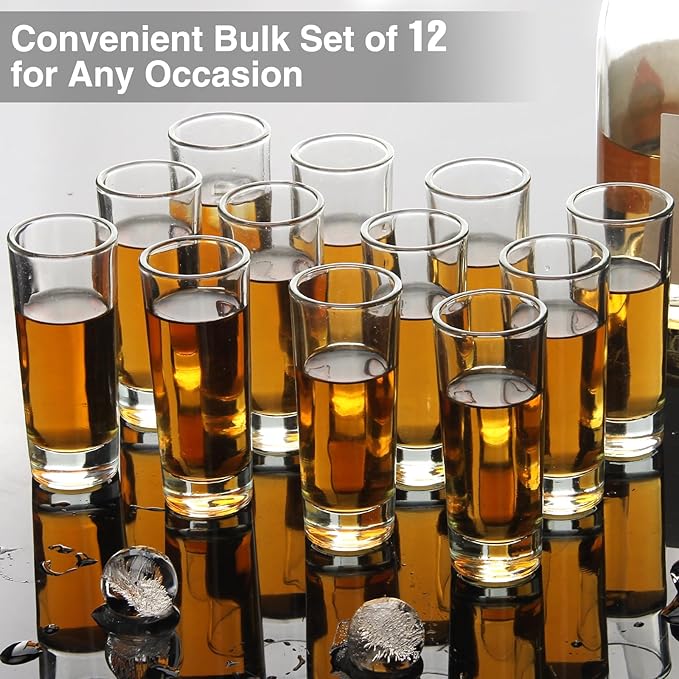 Ruckae 12 Pack 2 OZ Shot Glasses Set Clear Shot Glasses Bulk with Heavy Base Bar Cylinder Glass Shot Cups for Vodka Tequila Whiskey Liquor Cocktail (Cylinder Shaped)